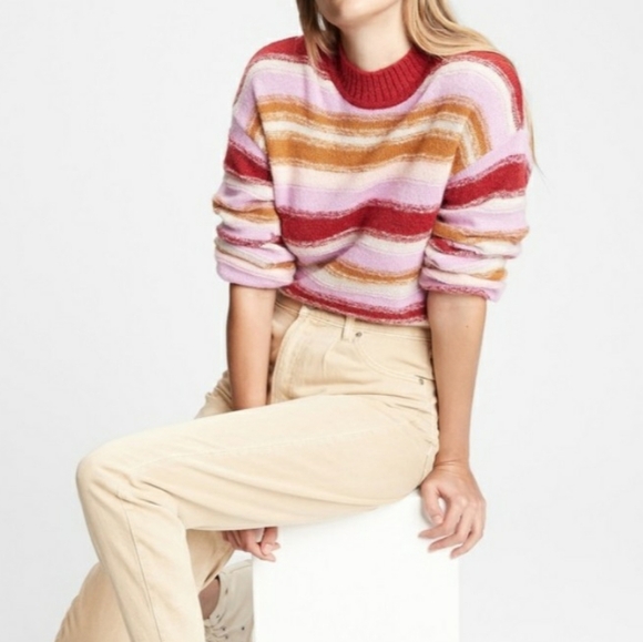 Gap Luxe Balloon Sleeve Sweater NEW Womens Red Pink Striped - Picture 1 of 5